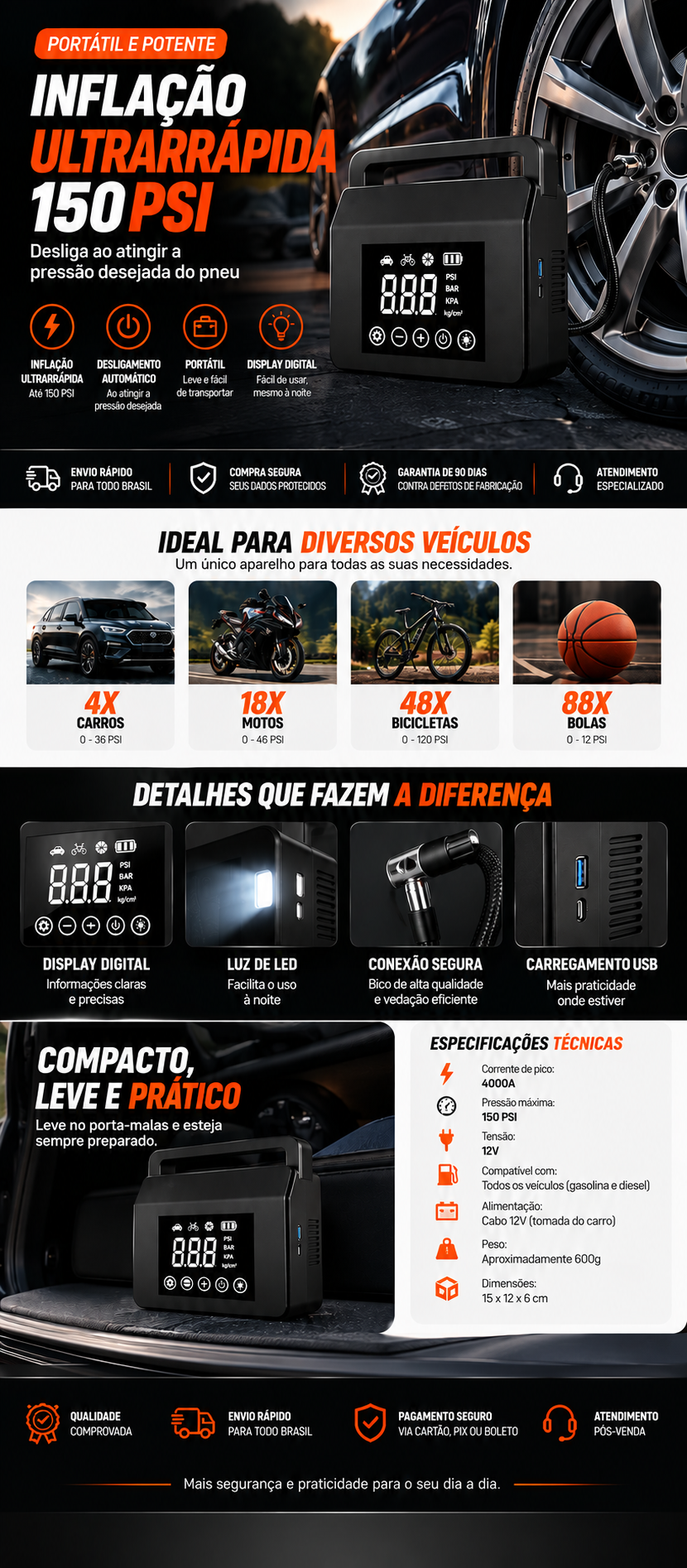 Características do Auxiliar de Partida 4000A — Bateria, Compressor e Power Bank em um Só Equipamento